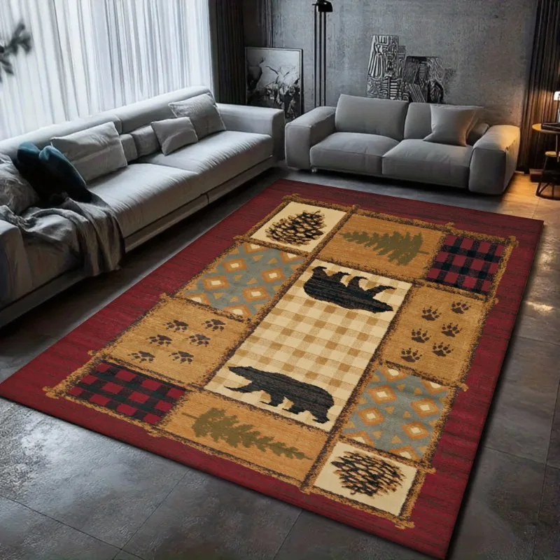 Amerikanischer Retro-Landhaus-Teppich mit schwarzem Bär, Wildlife Lodge Home Decor Teppich, weiche, rutschfeste Bodenmatte für Wohnzimmer und Schlafzimmer