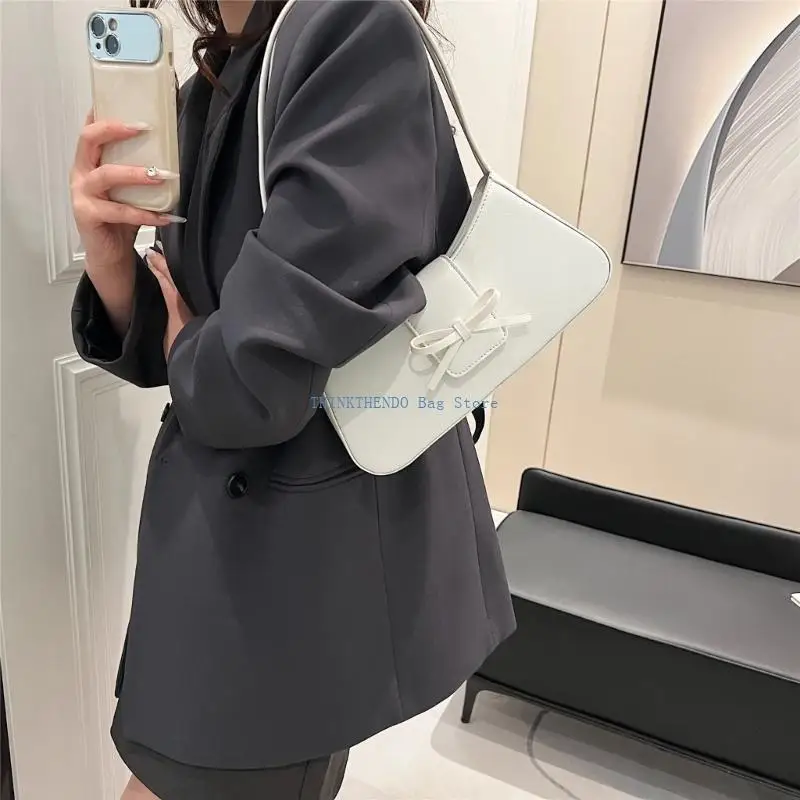 

340D PU Leather Solid Color Vintage Armpit Bag for Women Aesthetic Sweet Bowknot Underarm Bag Single Shoulder Handbag Purse