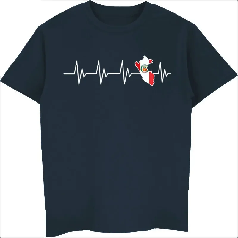 Peru Heartbeat Map T-shirt Men Summer Short Sleeve Cotton T Shirts Fashion Hip Hop Tees Tops Harajuku Streetwear