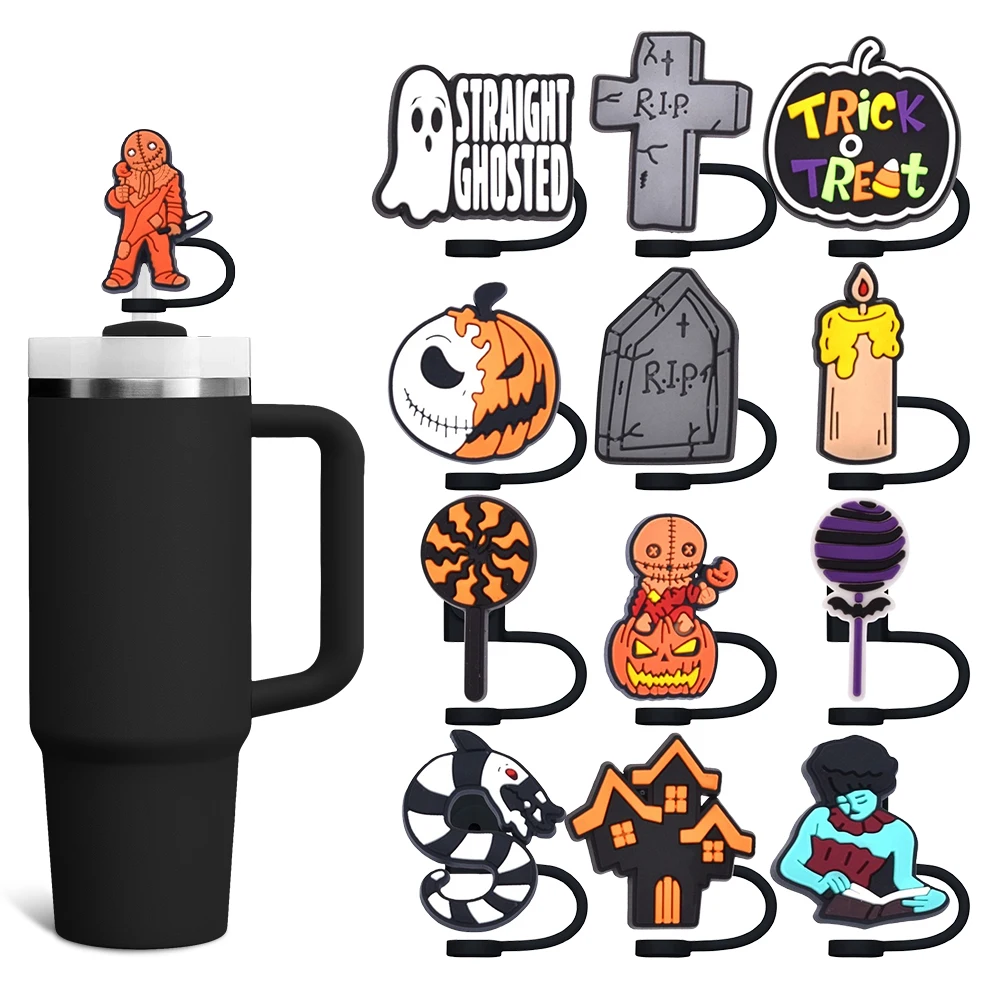 

Halloween Ghost Pumpkin Straw Cover Cap 10MM Eco-friendly Straw Plug Splash Proof Drinking Cup Charms Pendent Home Party Gift
