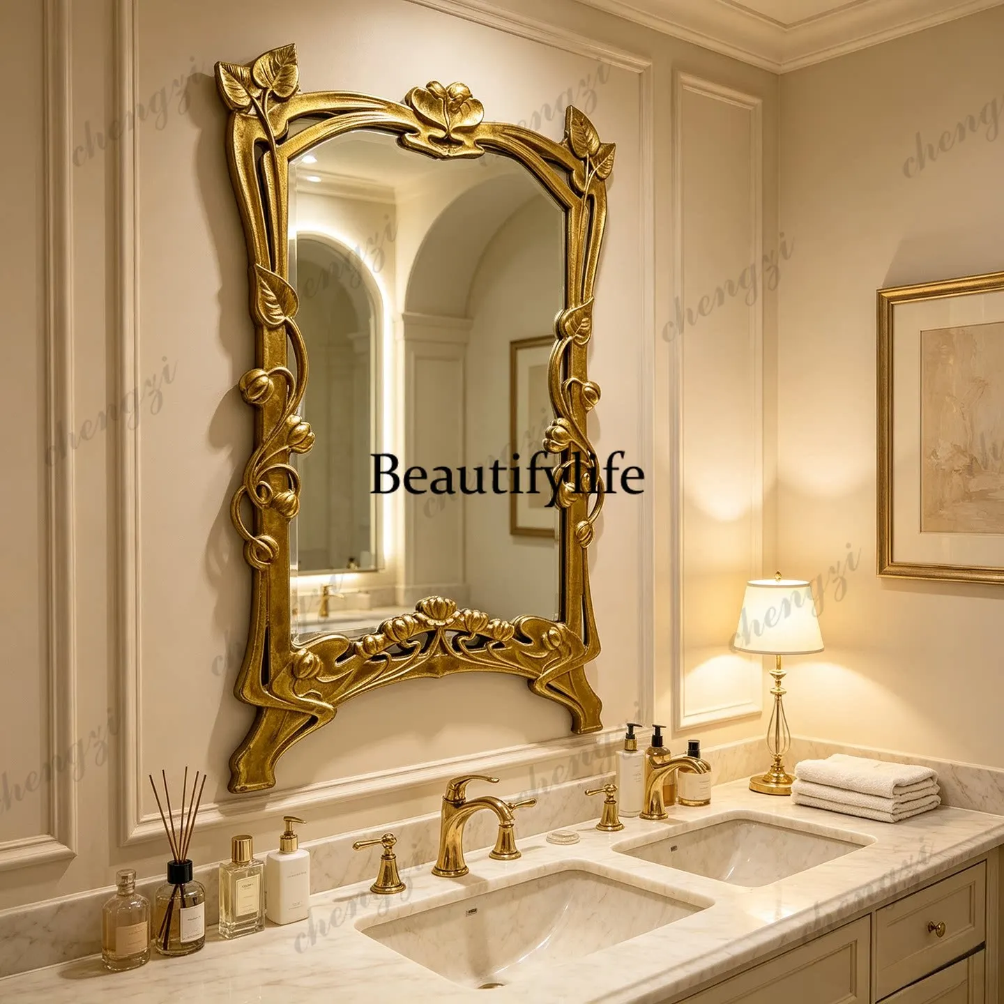 French retro style porch decorative mirror American carved bedroom makeup mirror European bathroom bathroom mirror wall hanging