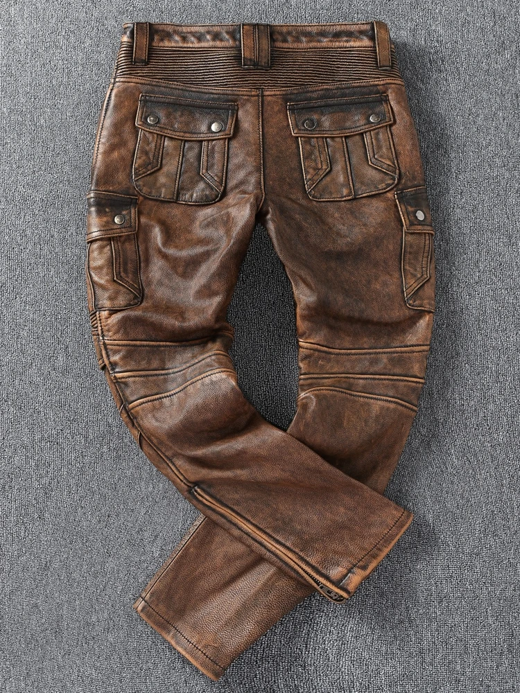 

Винтажные коричневые мужские мотоциклетные брюки из натуральной яловой кожи - утолщенные байкерские брюки Slim Fit
