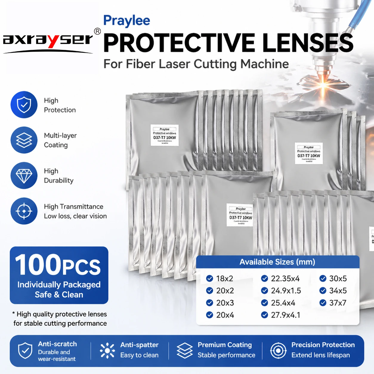 100PCS Wholesale Laser Protective Windows Praylee Protection Lens 18x2 27.9x4.1 30x5 34x5 37x7 for Raytools Boci Cutting Head