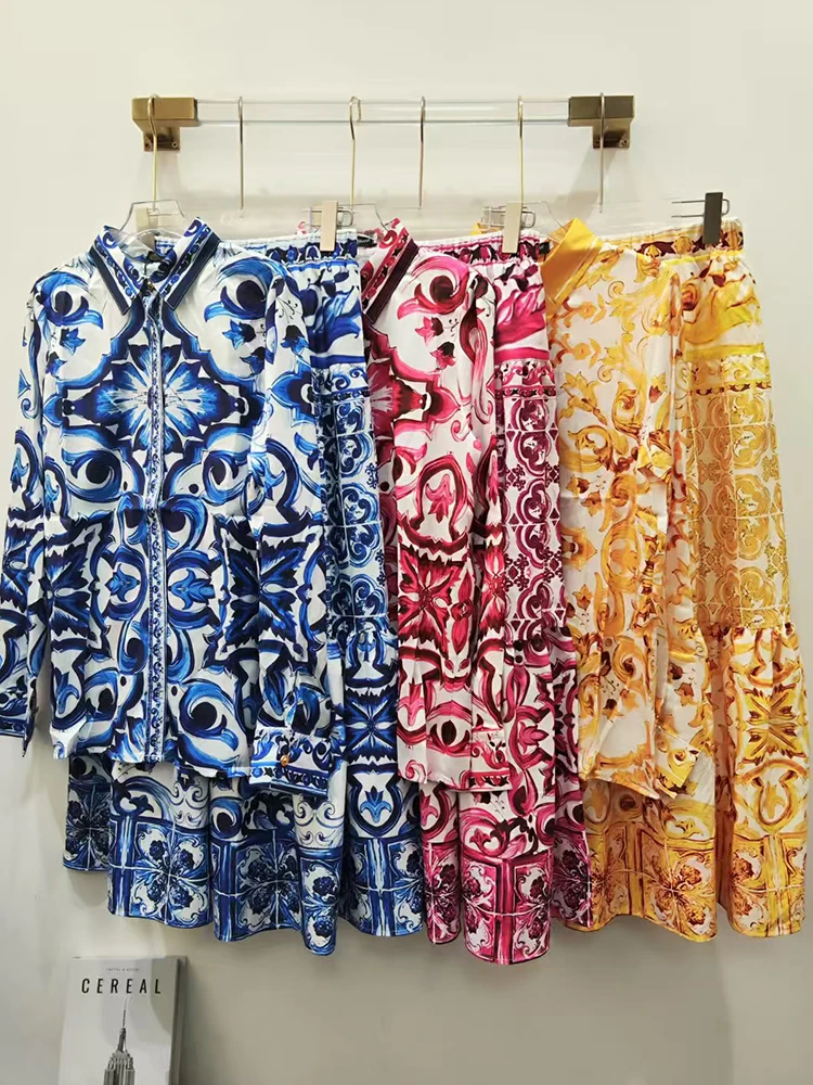 

Прямая рубашка с лацканами в стиле ретро, состоящая из двух частей, весенняя женская одежда 2025 + плиссированная свободная юбка с высокой талией, модный костюм