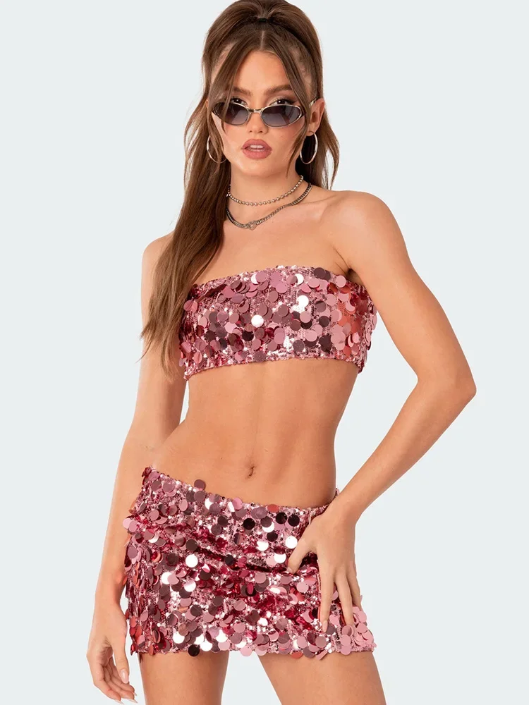 لامعة الترتر الجوف خارج 2 قطعة مجموعة المرأة أكمام اقتصاص أعلى ميدي Bodycon تنورة دعوى 2023 الصيف الشاطئ الإناث وتتسابق #2