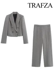 TRAFZA 2024 Jesienna moda damska Houndstoot Trouser Set Turn-down Collar Blazer Coat + Vintage Kobiece długie spodnie z szerokimi nogawkami