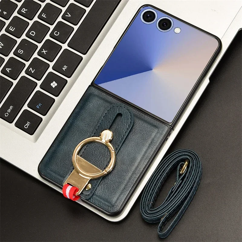 

Retro Business Sle Ring Bracket Leather Case For Samsung Z Flip 7 6 5 4 3 with Wristband Shockproof Protect Stand Holder Cover
