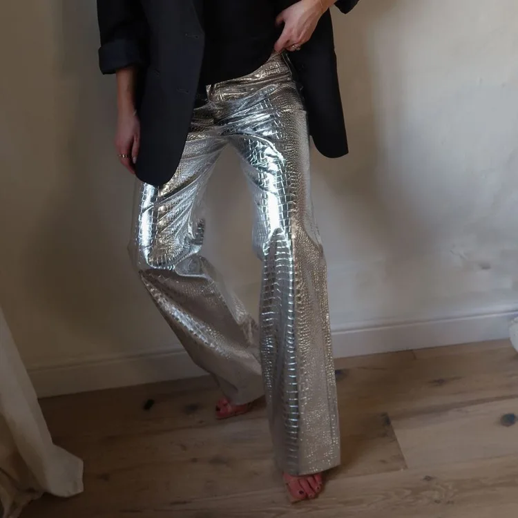 New Silver Leather Pants with Fashionable Scale Pattern, High Waisted Long Straight Leg Pants for Women