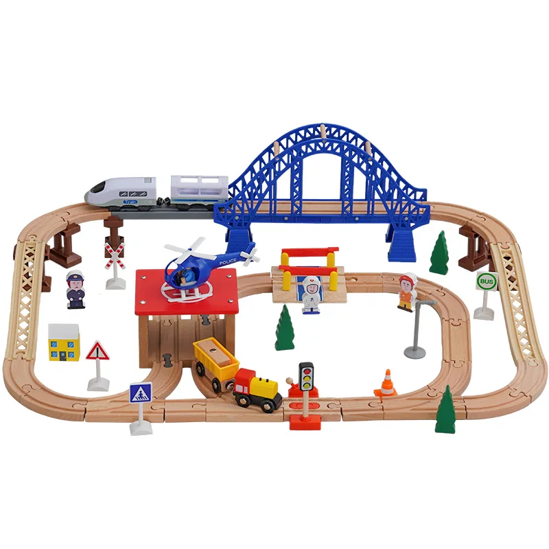 Wooden Train Rail City Blue Bridge Apron Scene Set Railway Electric Train Is Suitable For All Brands Of Wood Rail Toys Pd68