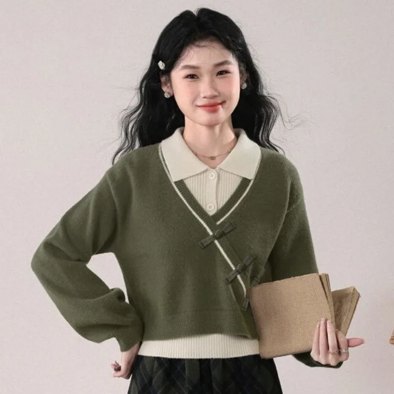 

2025 New Women Slim Patchwork Green Sweater Lady Chinese Style Graceful Knit Pullover Tops Daily Joker Knitwear Female