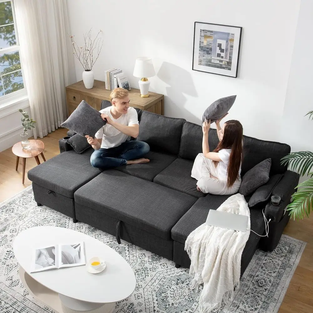 أريكة نوم مزدوجة التخزين، أريكة قابلة للسحب مع أغطية قابلة للإزالة، أثاث غرفة المعيشة المقطعية باللون الرمادي