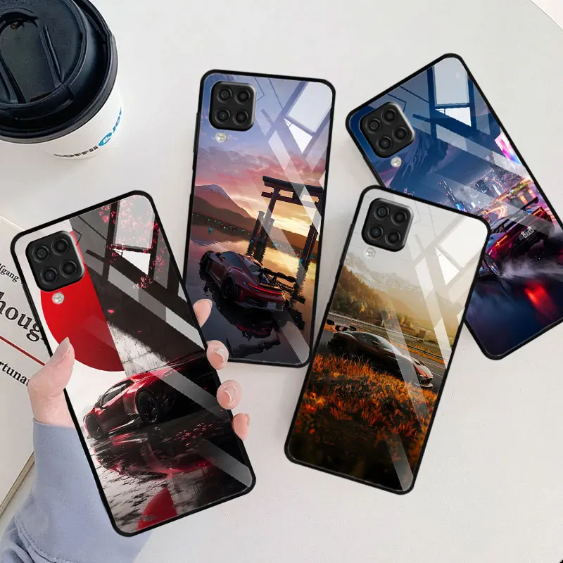 Tempered Glass Case for Samsung Galaxy A07 A50 A06 A10 A20s A03 A7 A70 A04s A50s A04 A8 A05s Black Phone Cover Luxury Sports Car