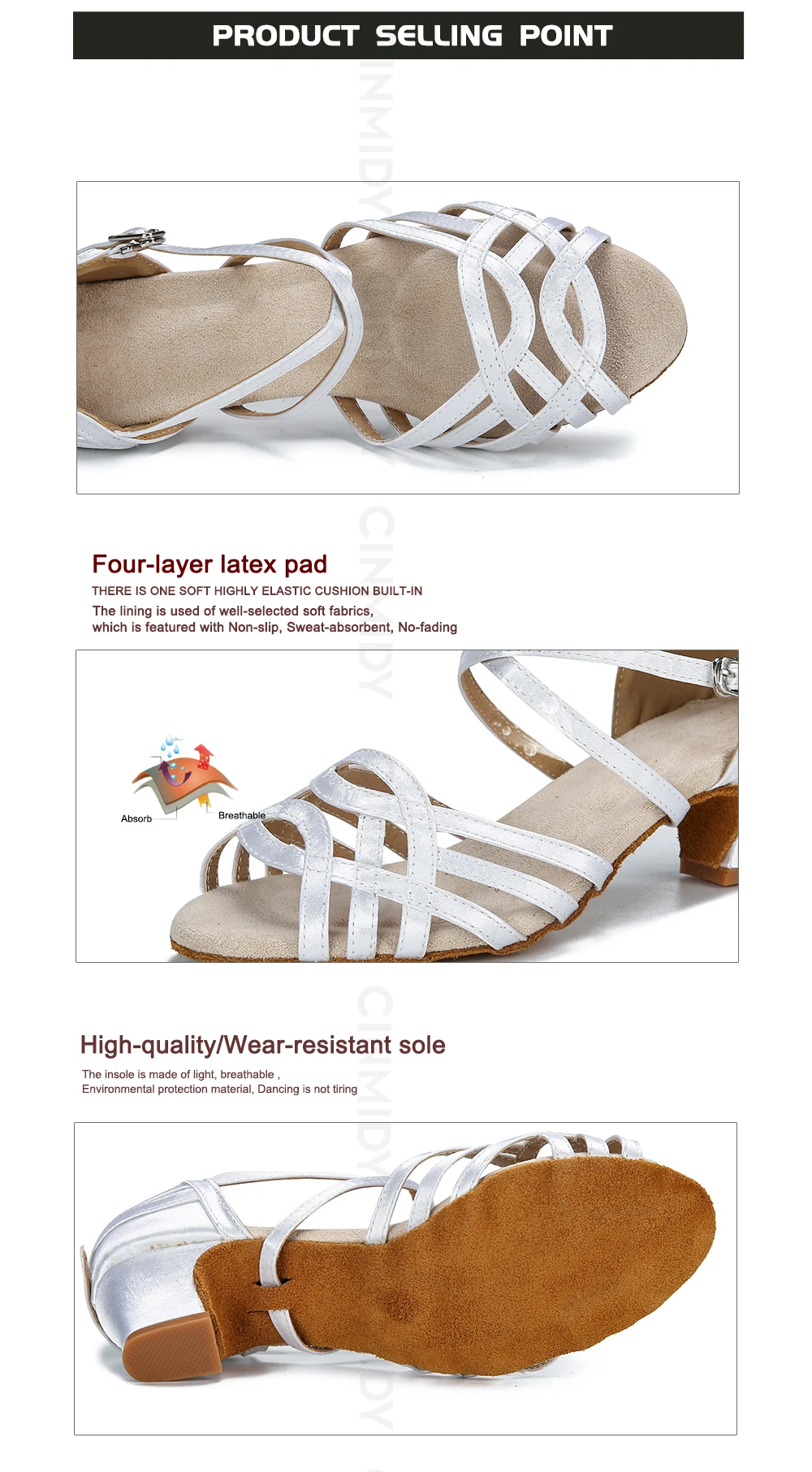 CINMIDY Damen-Satin-Tanzschuhe, weiße Latein-Tanzschuhe, Tango-, Salsa- und Ballsaal-Tanzschuhe mit Absatz, Damenschuhe für Partys. – Detail 5
