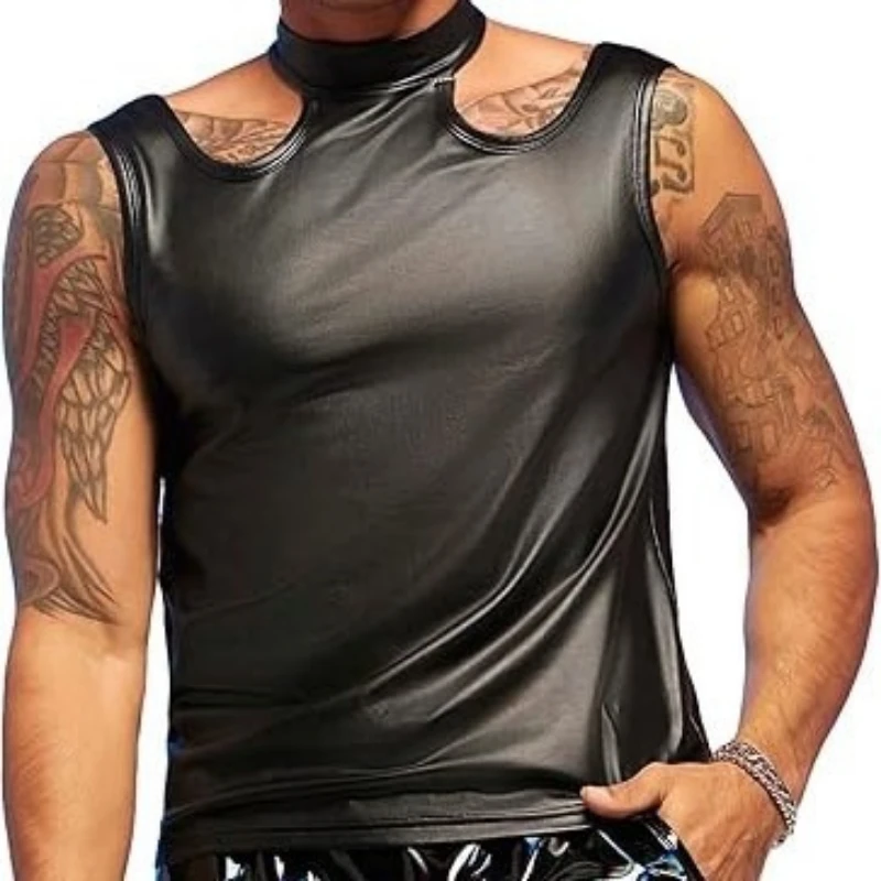 

Men Faux Pu Leather Halter Tank Tops Vests Sleeveless T-shirts Round-neck Hollowed Out Shirt for Nightclub Stage Ds Fashion Vest