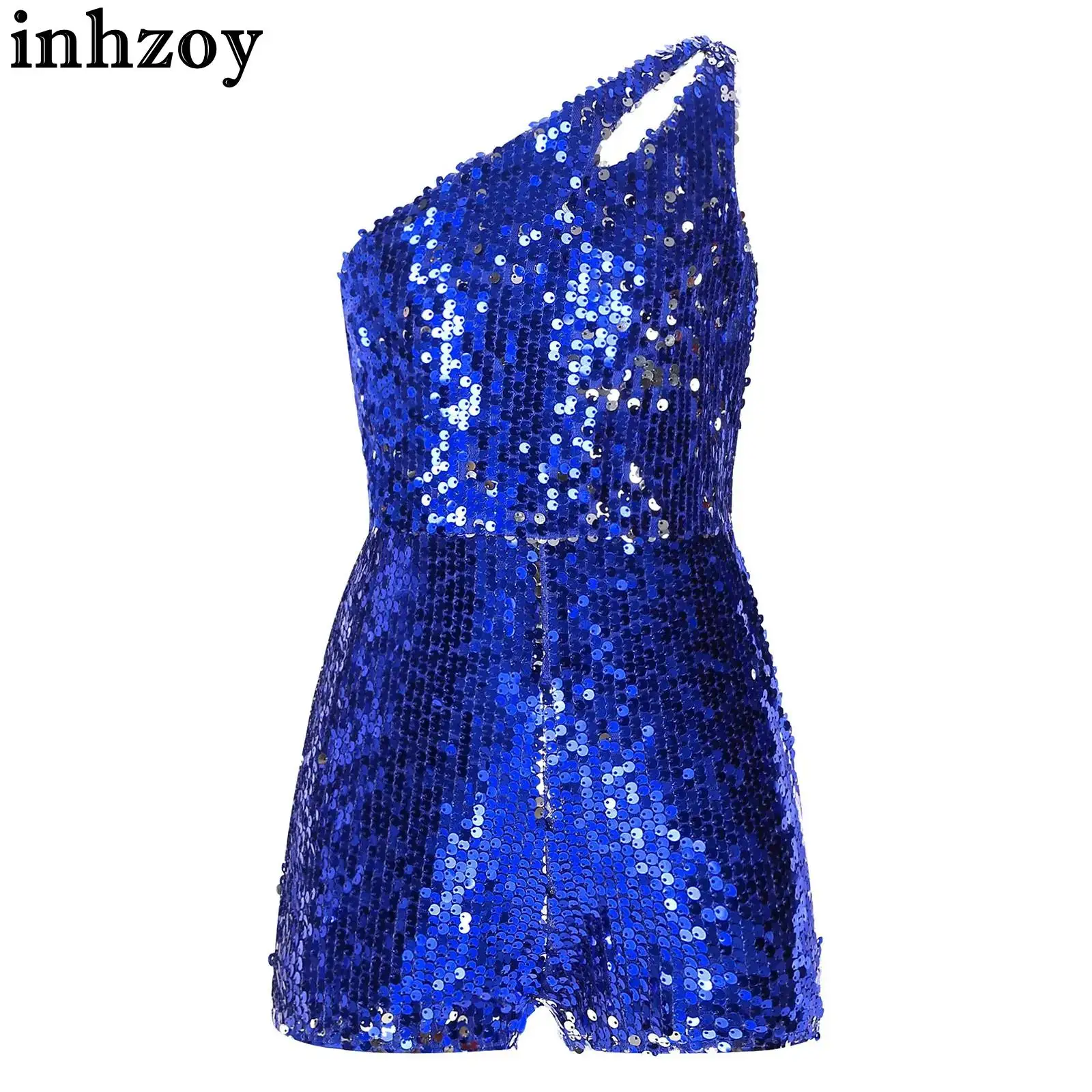 Kids Girls Sequin Rompers One Shoulder Sleeveless Short Jumpsuit for Birthday Wedding Party Prom Jazz Cha-Cha Dance Performance