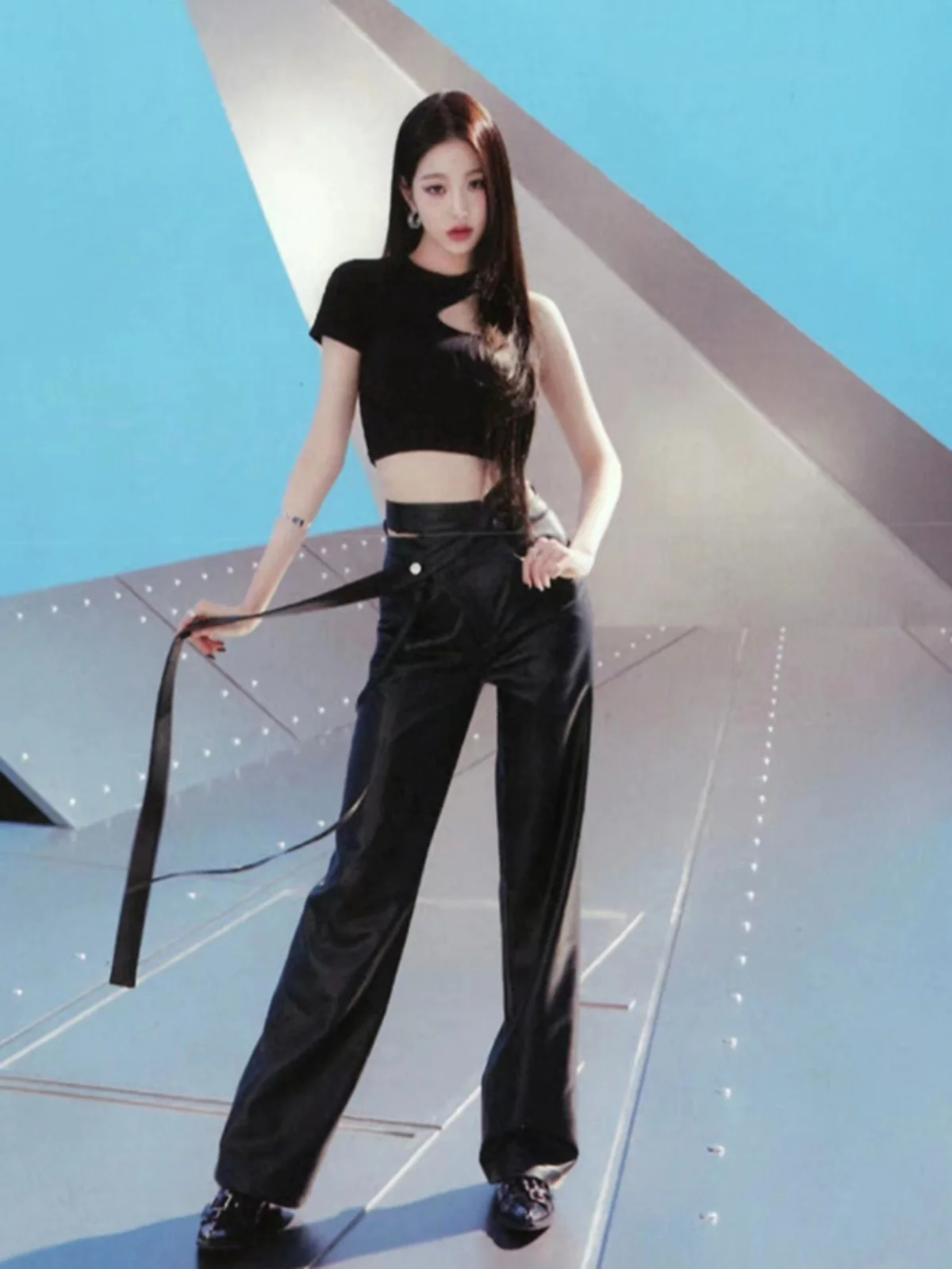 Women's Jazz Dance Performance Outfit Mid-Waist Crop Top Wide Leg Pants Kpop Hip Hop Practice Uniform Stage Costume