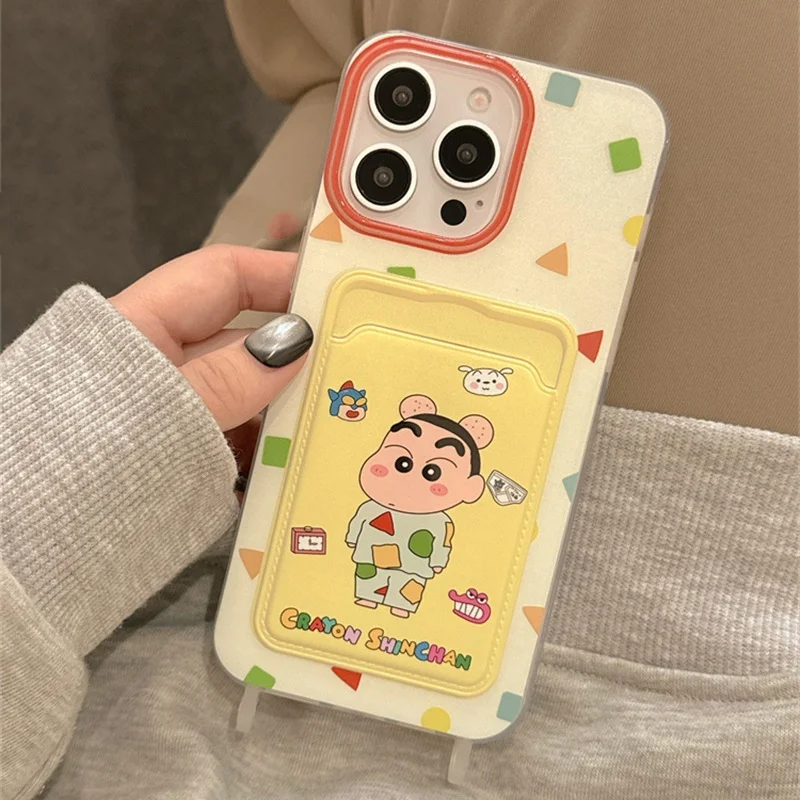 Cute color Geometry cartoon Crayon Shin -chan Wallet card bag Lanyard Phone Case For iPhone 11 12 13 14 15 16 Pro Max Plus Cover