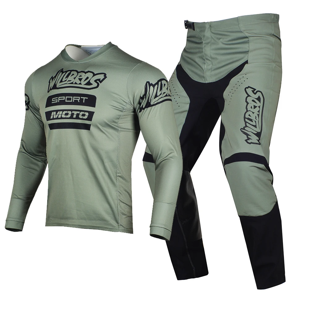 Willbros Army Green MX Jersey Pants Combo Motocross Dirt Bike Racing Offroad Enduro Racewear with Removable Knee Protector Pads