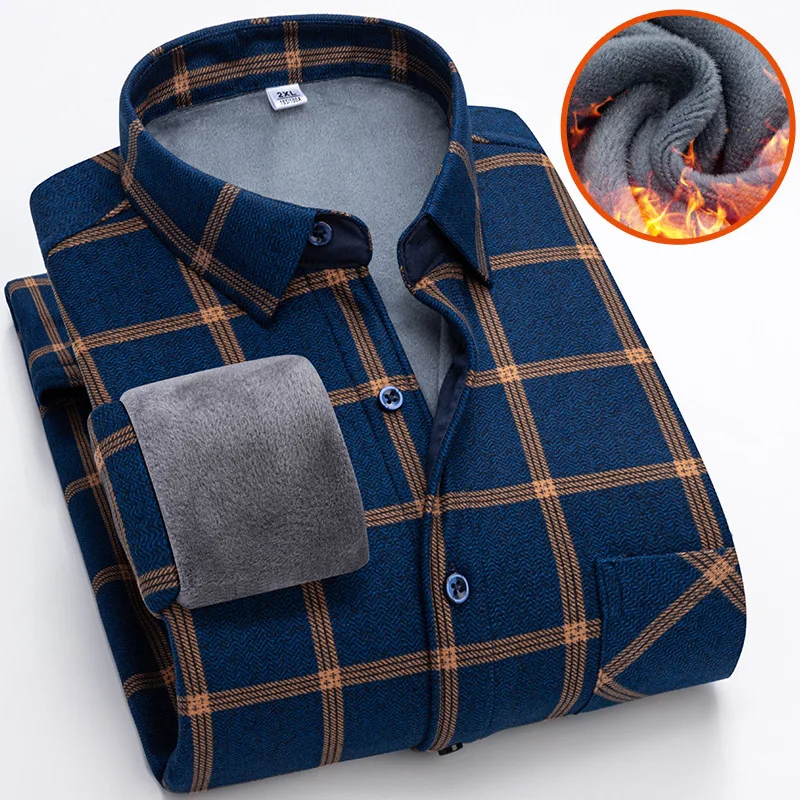 Autumn Winter Fleece Shirts for Men Business Plaid Shirt Long Sleeve Warm Clothes Turn Down Collar Button Up Shirts Classic 5XL