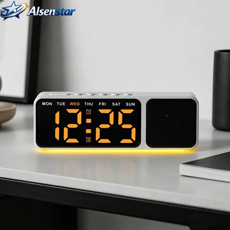 

Hot Selling Multifunctional Bluetooth Speaker LED Digital Clock with Atmosphere Light Simple Alarm Clock for Bedroom