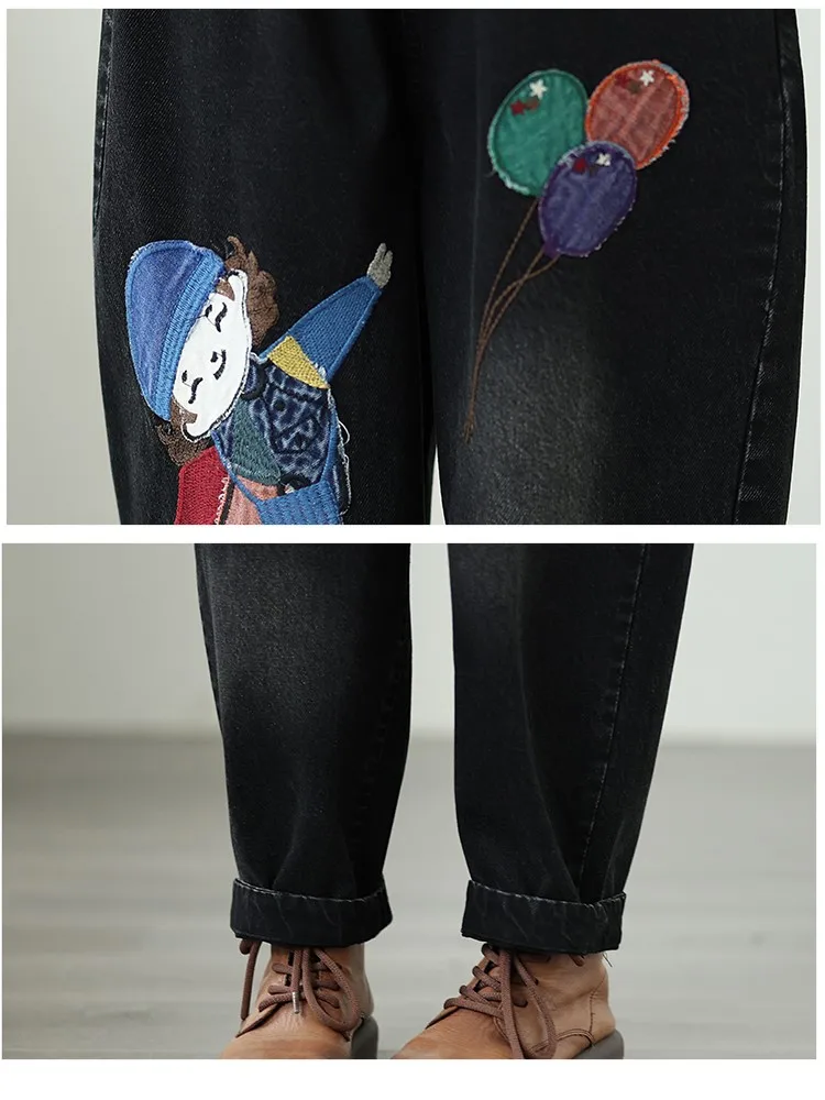 Oversized Jeans Retro Autumn Pant Women Cartoon Embroidery Fashion Ladies Harem Trousers Loose Casual Woman Harem Pants