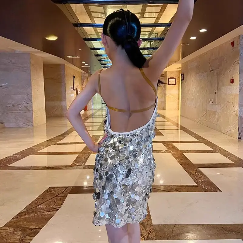 New Latin Dance Dress Kids Sequin Spaghetti Strap Backless Ballroom Dancewear Girls Competition Performance Costume Exams Rueda