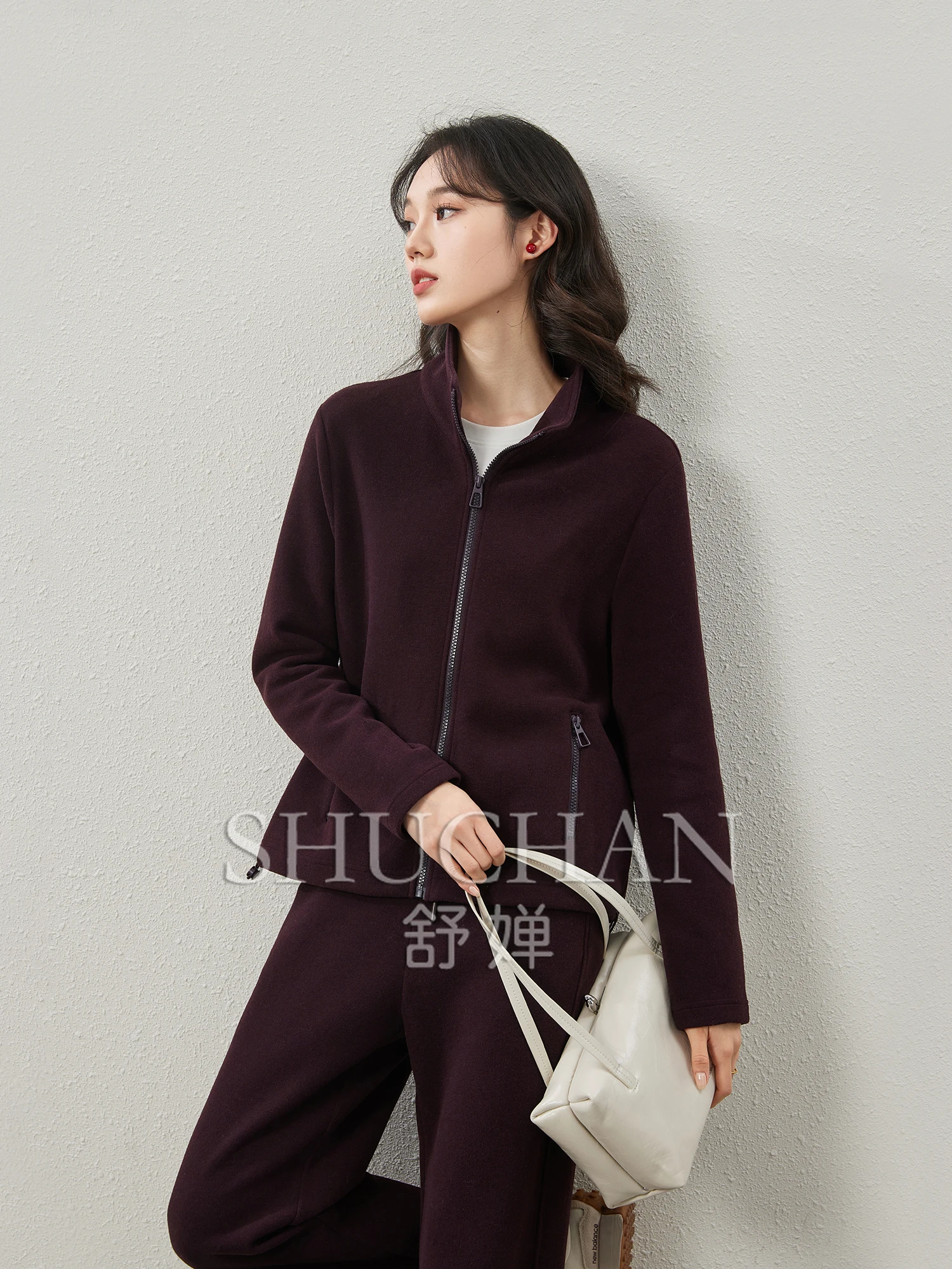 Thickened Double-sided Velvet, Stand-up Neck Zipper Jacket + Straight Pants Casual Suit Two Piece Set Women  ZIP