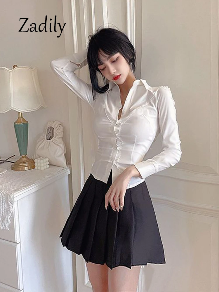 Zadily 2024 Spring Office Lady Long Sleeve Women Slim White Shirt Korea Style Button Up Ladies Blouse Solid Female Clothing