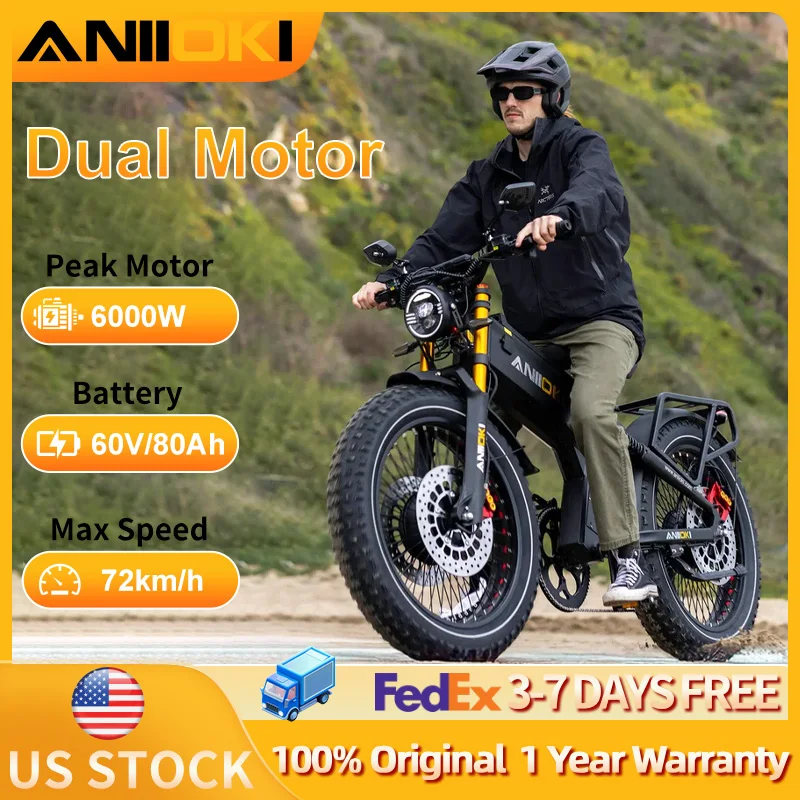 

Электровелосипед ANIIOKI 6000W с двумя моторами, аккумулятор 60V 70Ah, скорость до 75 км/ч, A9 Pro Max AWD, широкие шины 26"*4.8", амортизационная воздушная вилка