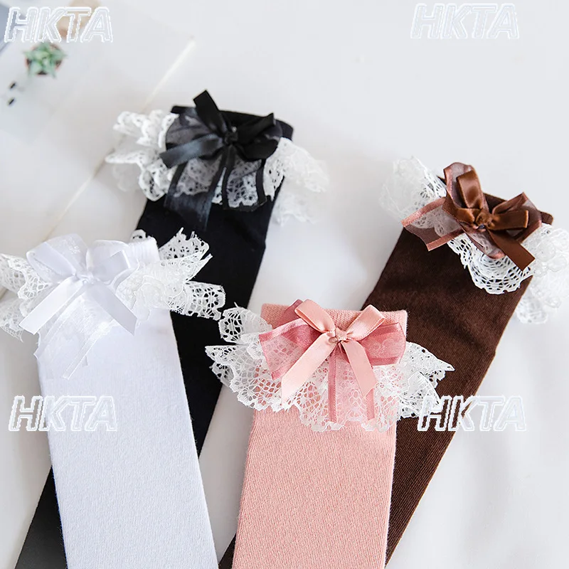 

Японские милые модные осенне-зимние новые носки с бантом и кружевной строчкой, носки до середины икры для девочек, кавайные милые хлопковые белые носки в стиле Лолиты, женские носки-трубочки