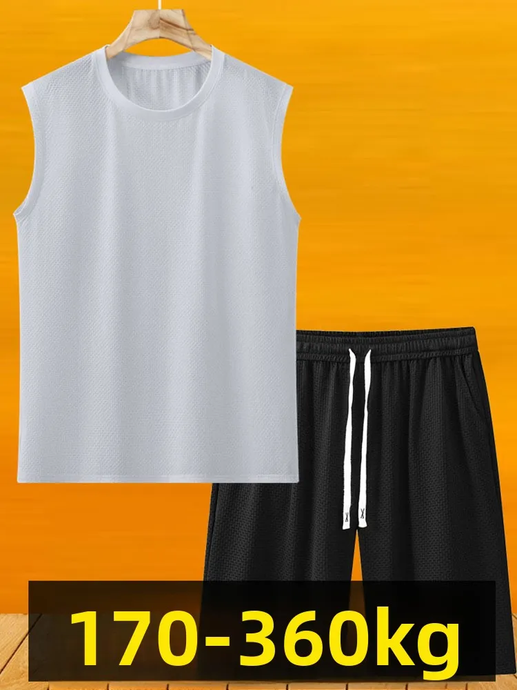 

Спортивный жилет из ледяного шелка, мужской комплект, летняя футболка с овальным ремнем Fitn Qui Dry Svel, комплект из двух предметов, большой размер