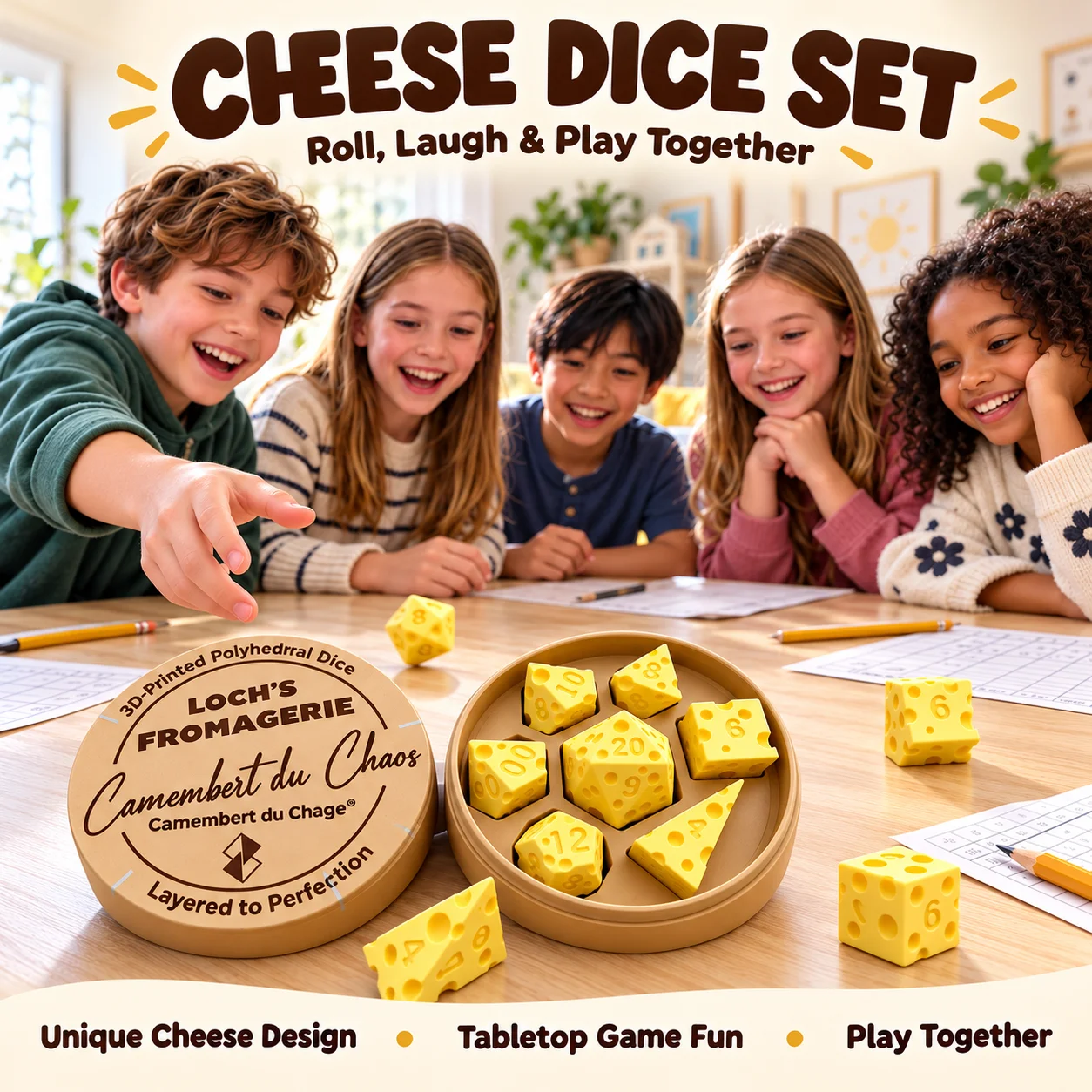 3D Printed Cheese Polyhedral Dice Set With Storage Box Novelty DND RPG Board Game D20 D12 D10 D8 D6 D4 Party Accessories