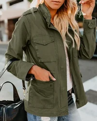 Chaqueta con cremallera para mujer, prendas de vestir exteriores de otoño para mujer, ropa de calle informal de manga larga, abrigo cortavientos, chaquetas con cuello levantado
