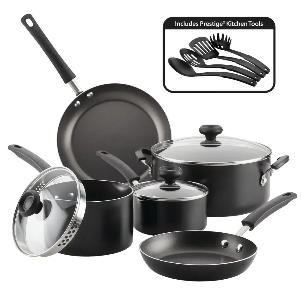 

Nonstick Cookware Set 12-Piece Black Aluminum Easy Clean Kitchen Pots Pans Prestige Nylon Tools Glass Lids Oven Safe Dishwasher