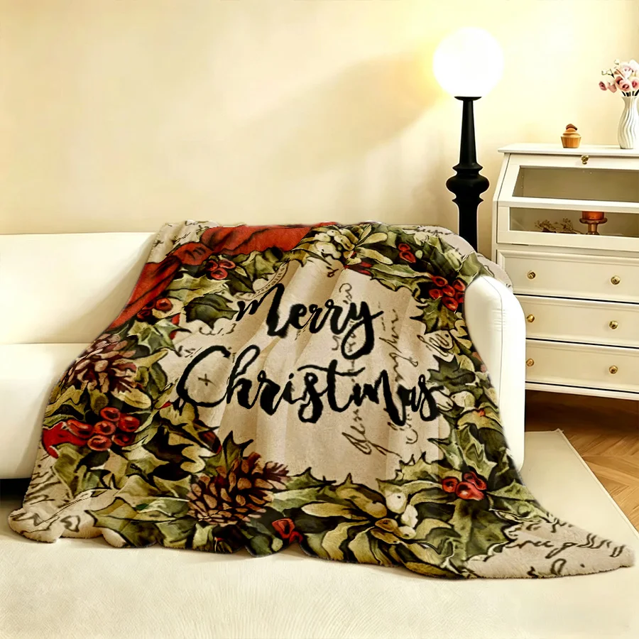 Vintage Christmas Wreath Pinecones Flannel Throw Blanket, Merry Christmas 2D Single-Sided Printed Holiday Decorative Blanket