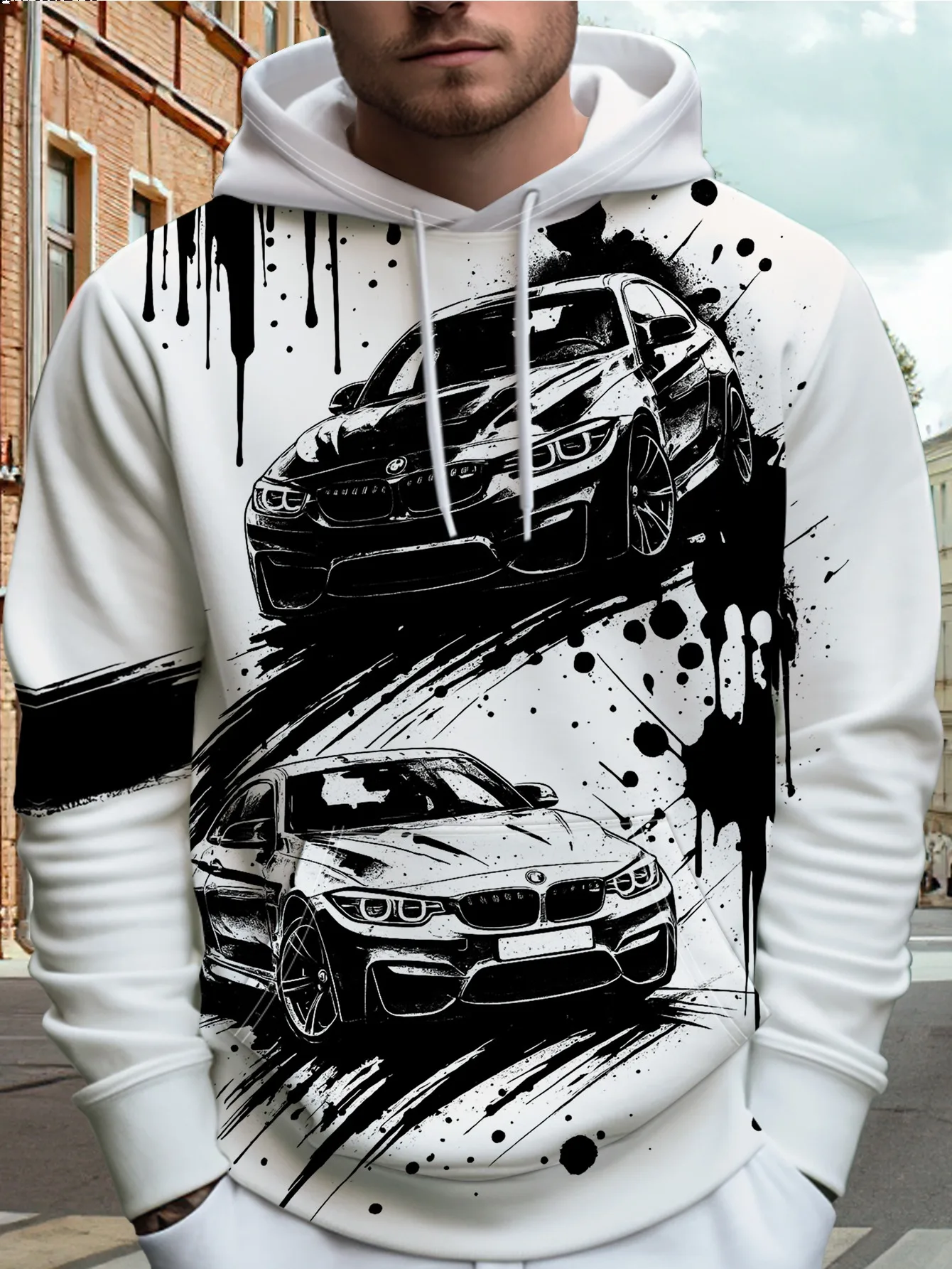 3D Print Hoodie Men Sports Racing Car Ink Splash Sketch Vehicle All Over Print Drawstring Casual Hooded Sweat Top
