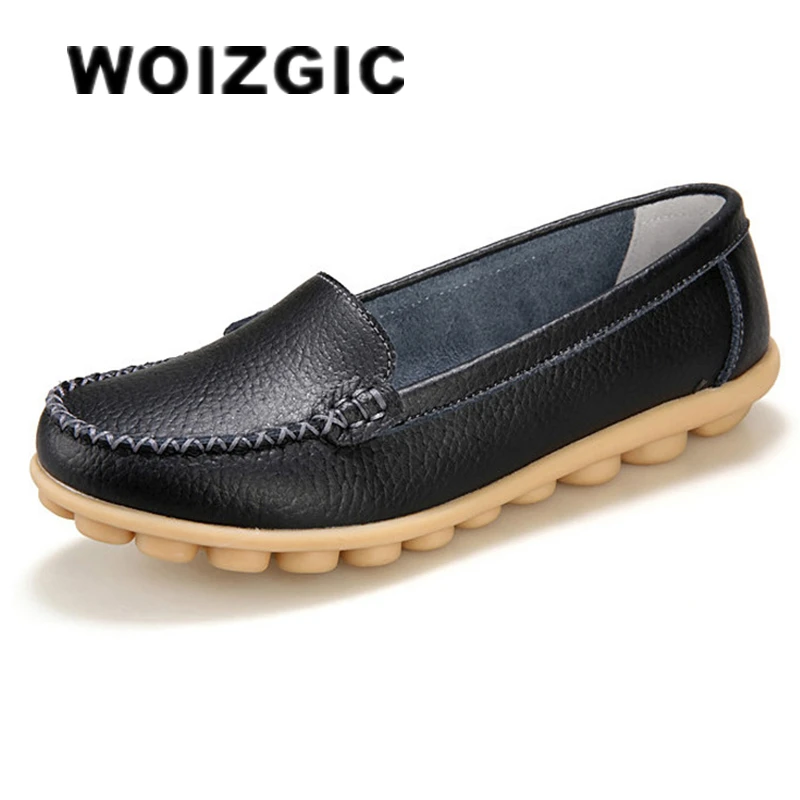 WOIZGIC Female Ladies Women Mother Genuine Leather Shoes Flats Loafers Slip On Moccasin Sapatos Femininos Size 41 42 XLZ-918