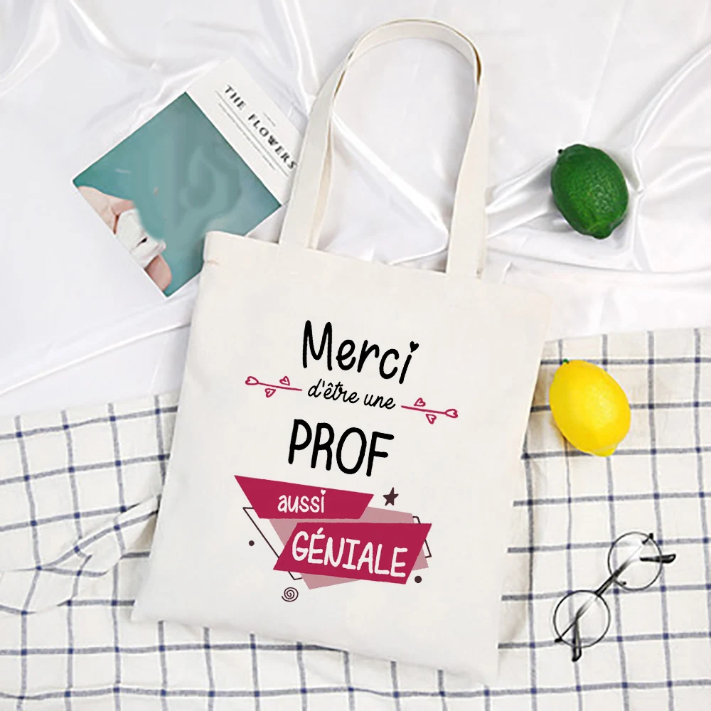 

Merci Prof French Print Tote Bag Women Travel Shoulder Bag Canvas Sopping Bags School Book Bag Graduate Thanks Gifts for Teacher