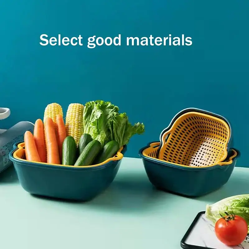 6 Pcs Fruit And Vegetable Drain Basket Plastic Green Yellow Household Double-layer Storage Basket Kitchen Tools Drain Storage