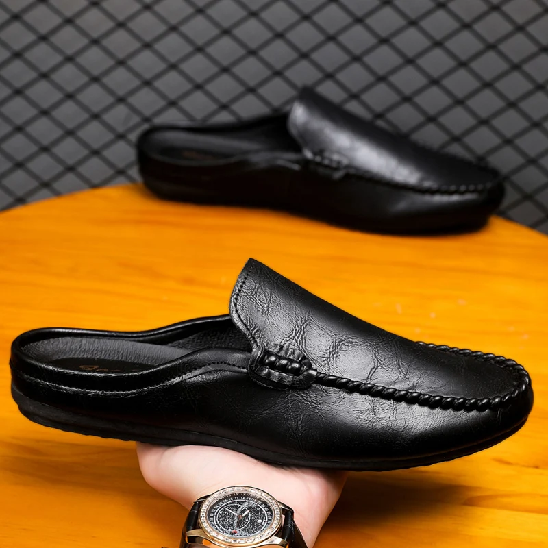Mules Men Slippers Leather Backless Loafers Moccasins Outdoor Non-slip Black Open-back Casual Shoes Slides Summer Fashion Shoes