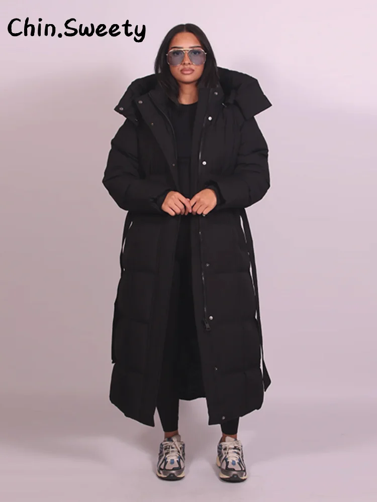 

Warm Women's Puffy Quilted Hooded Long Cotton Coat Loose Solid Stand Collar Lace Up Zipper Overcoats 2025 Winter Lady Outwear