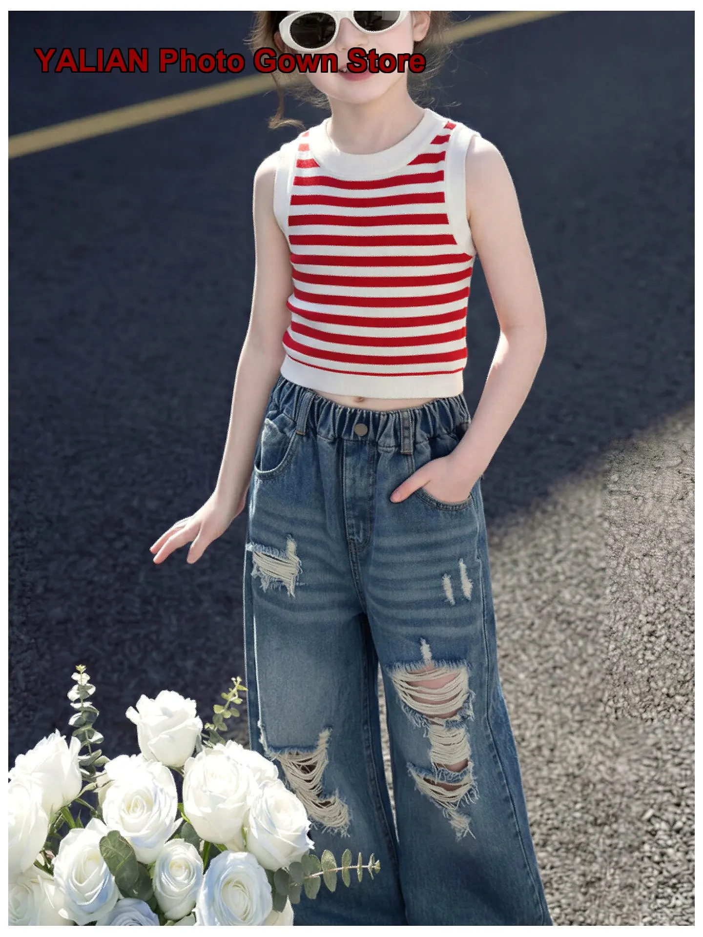 Girls Denim Wide Leg Pants Spring Summer Ripped Slim Fit Teenagers Kids