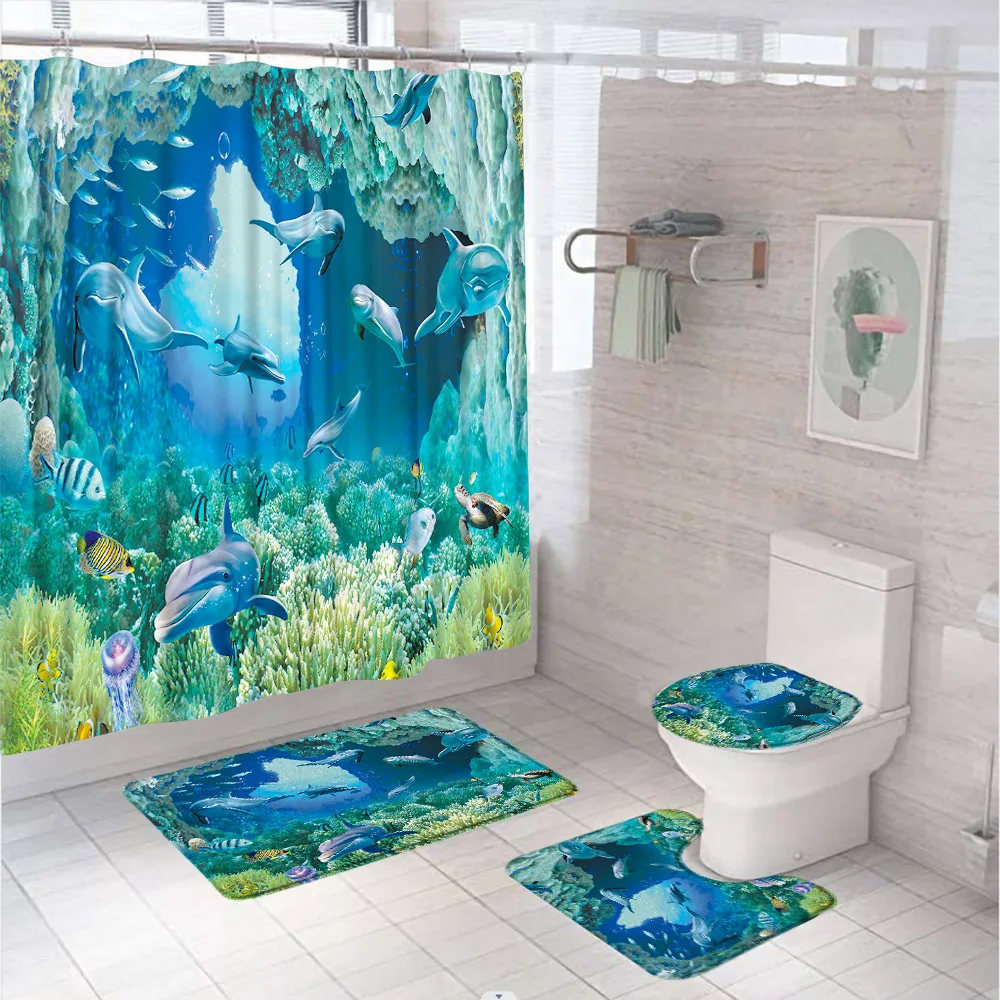 

Ocean Dolphins Shower Curtain Sets Underwater World Sea Fish Aquatic Life Bathroom Curtains Anti-Slip Rugs Toilet Cover Bath Mat