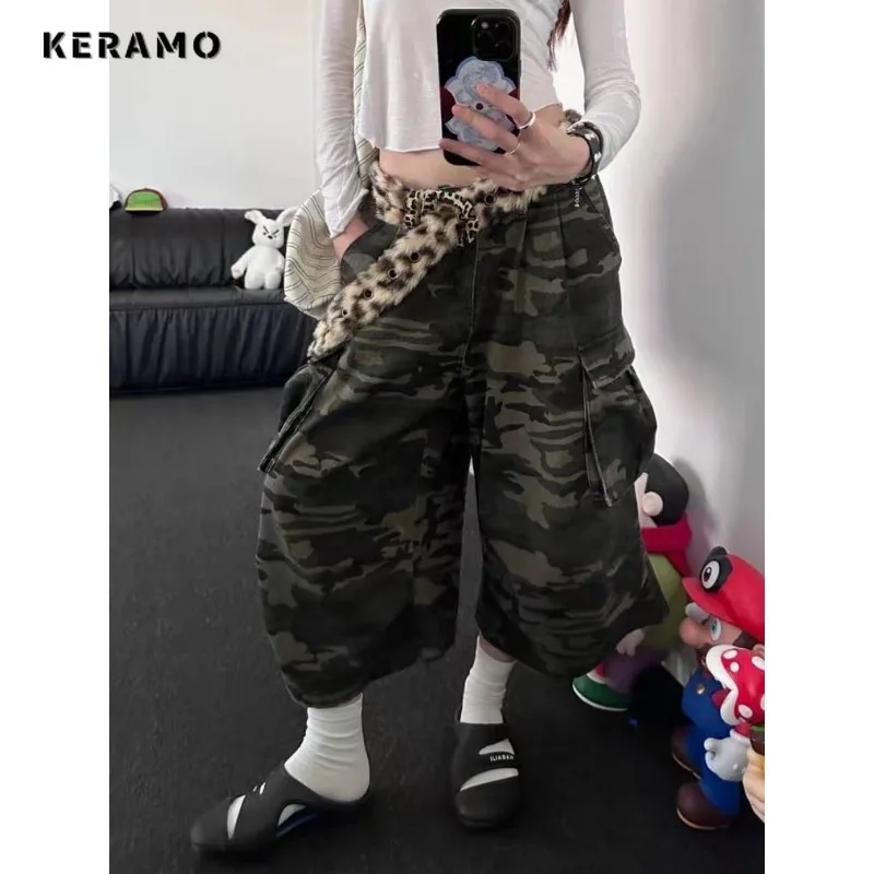 American Retro High Waist Camouflage Jeans Women Pockets Hip-hop Shorts 2024 Summer Casual Y2K Grunge Street Washed Denim Shorts