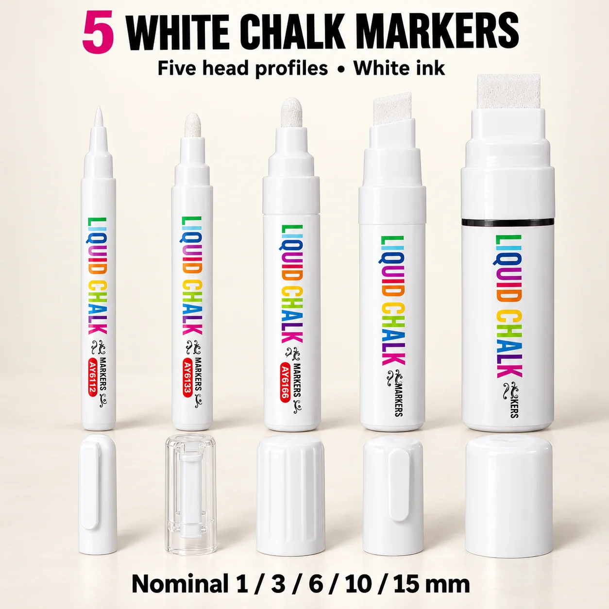 5 White Liquid Chalk Markers with Plastic, Round, Reversible and Flat Head Assortment