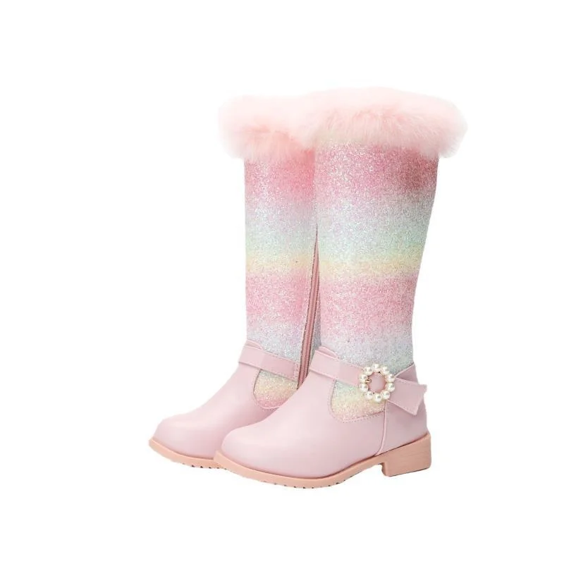 2023 New Autumn Winter Girls Rainbow Princess Fashion Children Pink Boots Knee Length Boots Plush Fur Girls Shoes