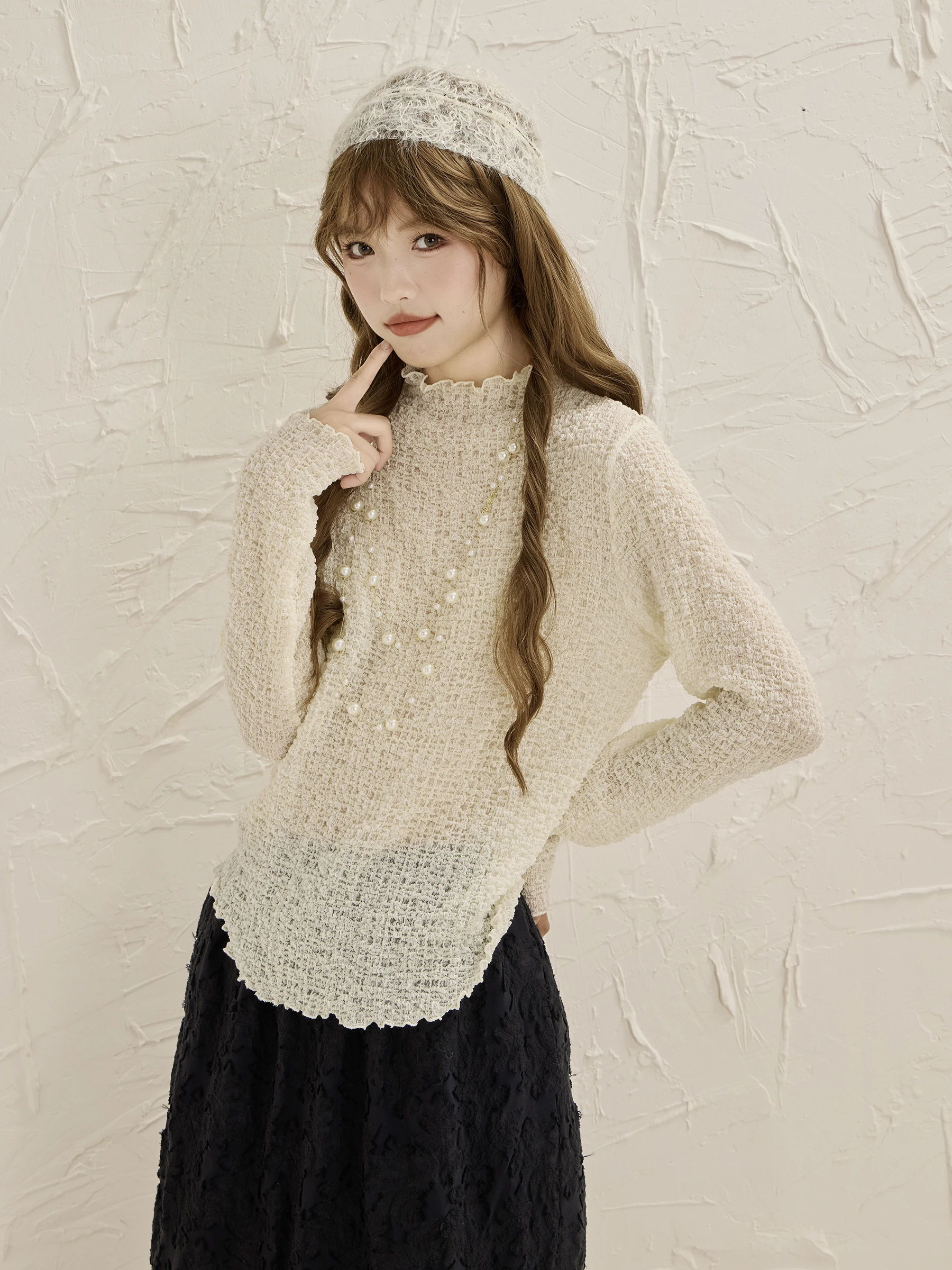 

Mani Casual Sle Long Sve T-irt Hollow out Texture Loose Fit Inner Wear Early Autumn Top Women's Faion Leisure Wear