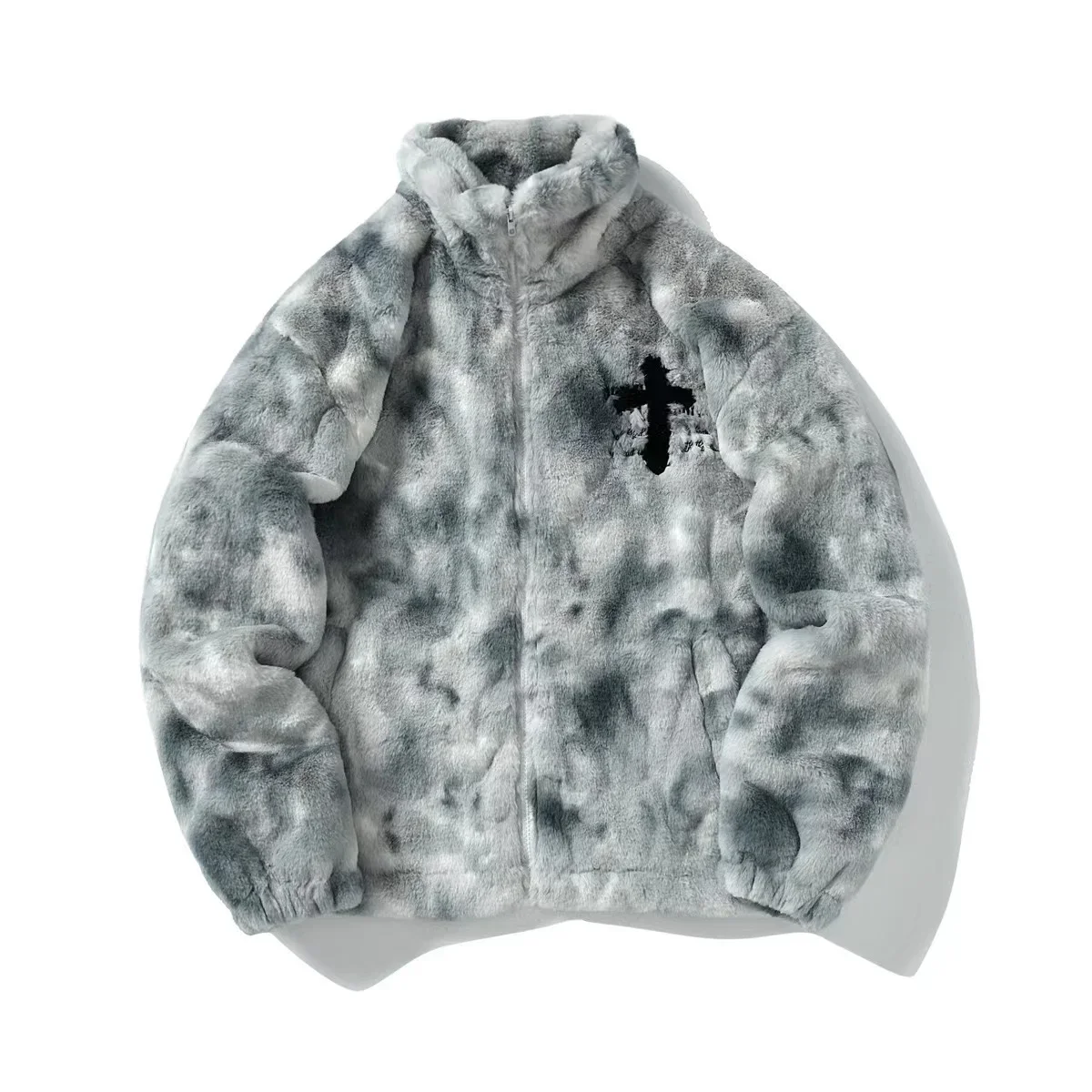 2024 New Hip Hop Cross Letters Winter Men\'s Rabbit Fur Coat Fleece Coat Street Casual Harajuku Zipper Coat