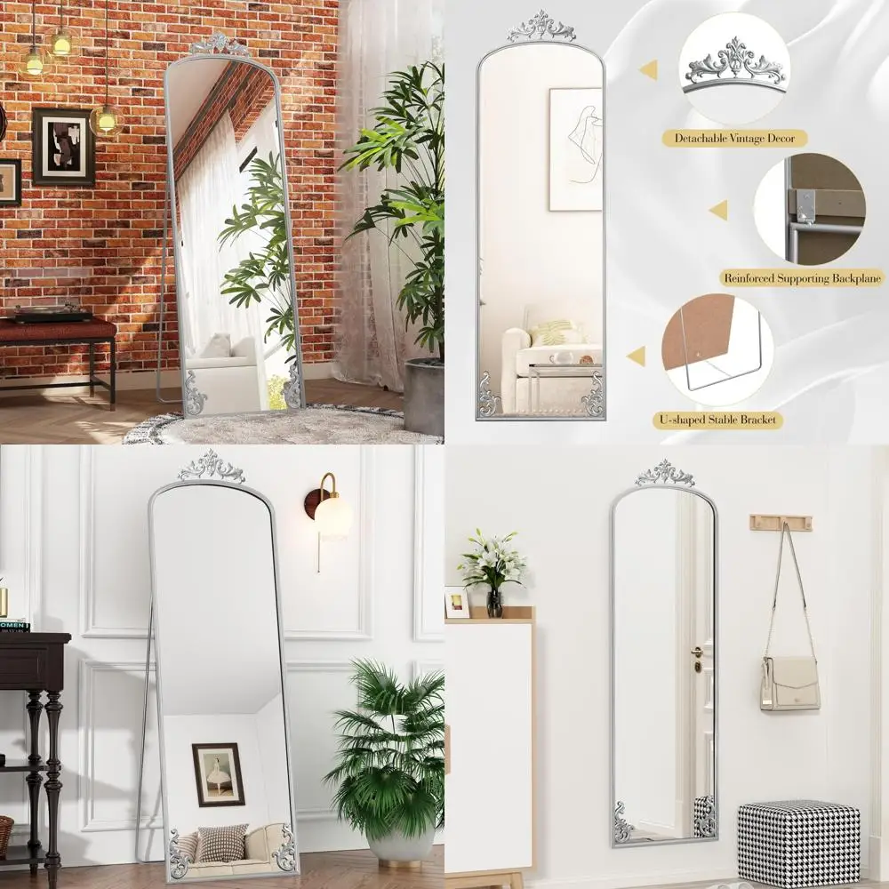 Espelho de piso arqueado com decoração esculpida em prata - Espelho de comprimento total para parede ou inclinada, espelho de corpo inteiro em estilo elegante