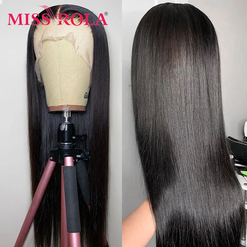 Miss Rola-Peluca de cabello humano liso de 13x4, postizo de encaje frontal, pelo Natural marrón predespuntado, Remy, 180% de densidad